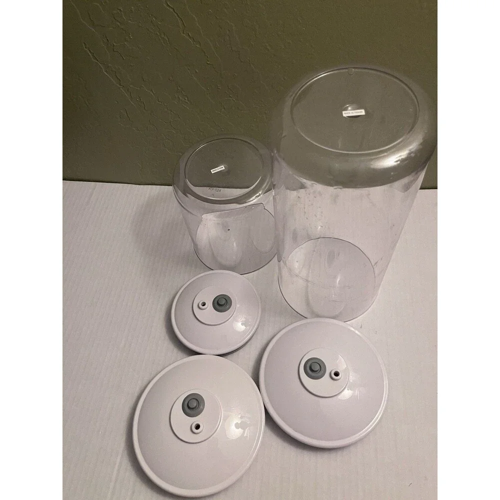 Two Clear FoodSaver Snail Vacuum Seal Canisters Containers Tall Short Extra Lid